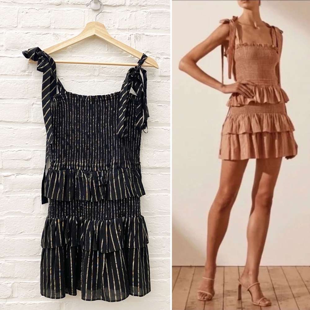 House of Harlow || Corinne Smocked‎ Tiered Mini Dress Lurex Gold Black Small